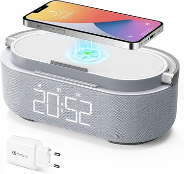 COLSUR Radio Despertador Digital con Carga Inalambrica, FM Radio con Puerto de carca USB, Pantalla LED Ajustable, Luz Nocturna, Bluetooth, Alarma de Temporizador de Apagado y Soporte para Teléfono